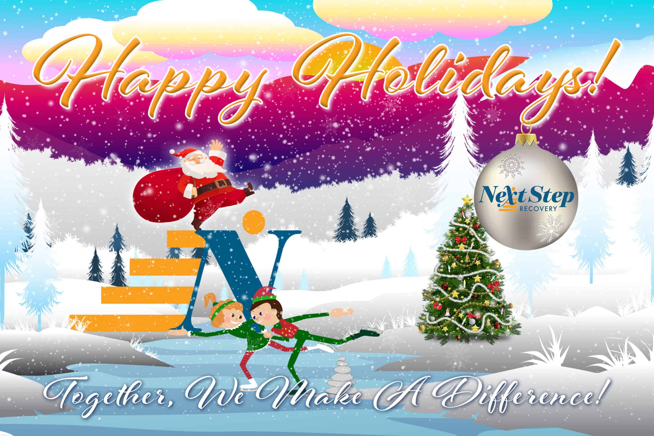a christmas card graphic with santa claus and ice skating elves